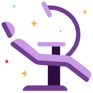 Illustration of a purple dental chair with decorative stars around it.