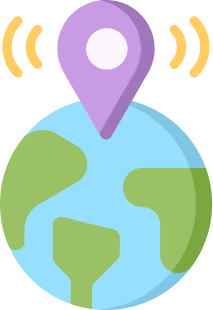 Illustration of Earth with a purple location pin emitting signal waves above it.