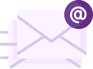 Illustration of a white envelope with motion lines and a purple circle containing an '@' symbol.