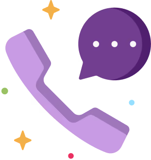 Purple phone handset icon with a purple speech bubble containing three white dots and decorative stars around.