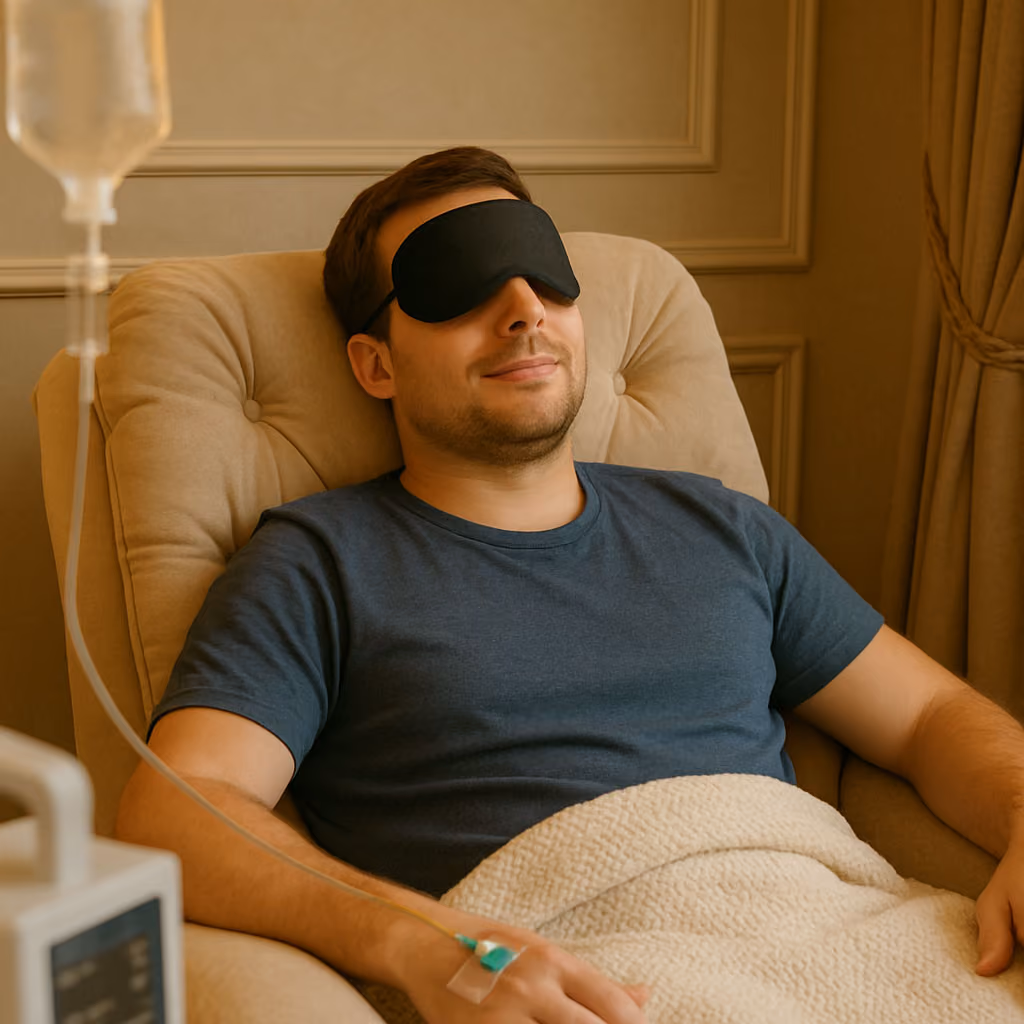 A patient is relaxing in a ketamine clinic during iv ketamine therapy.