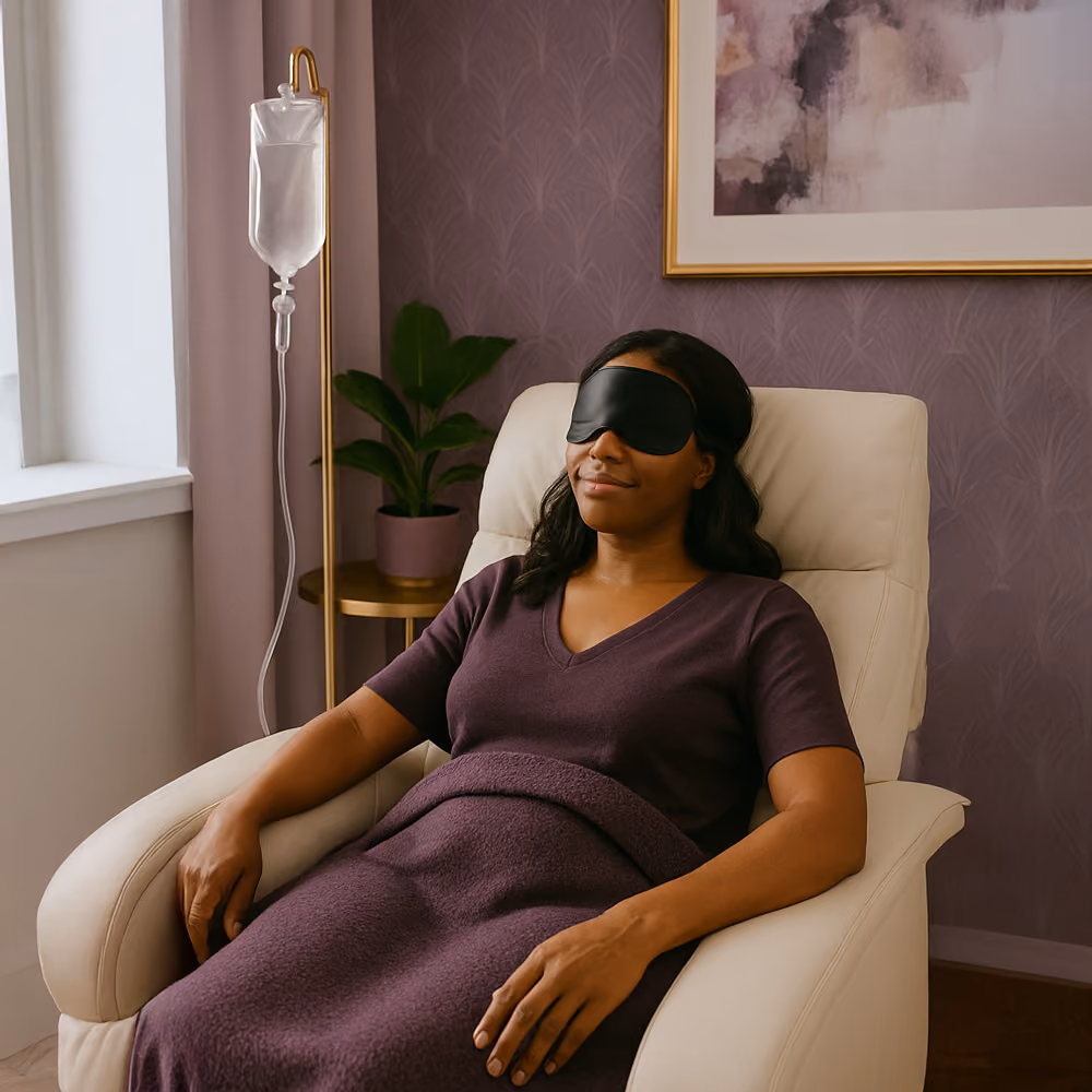 A patient is getting iv ketamine therapy in a luxury purple clinic.