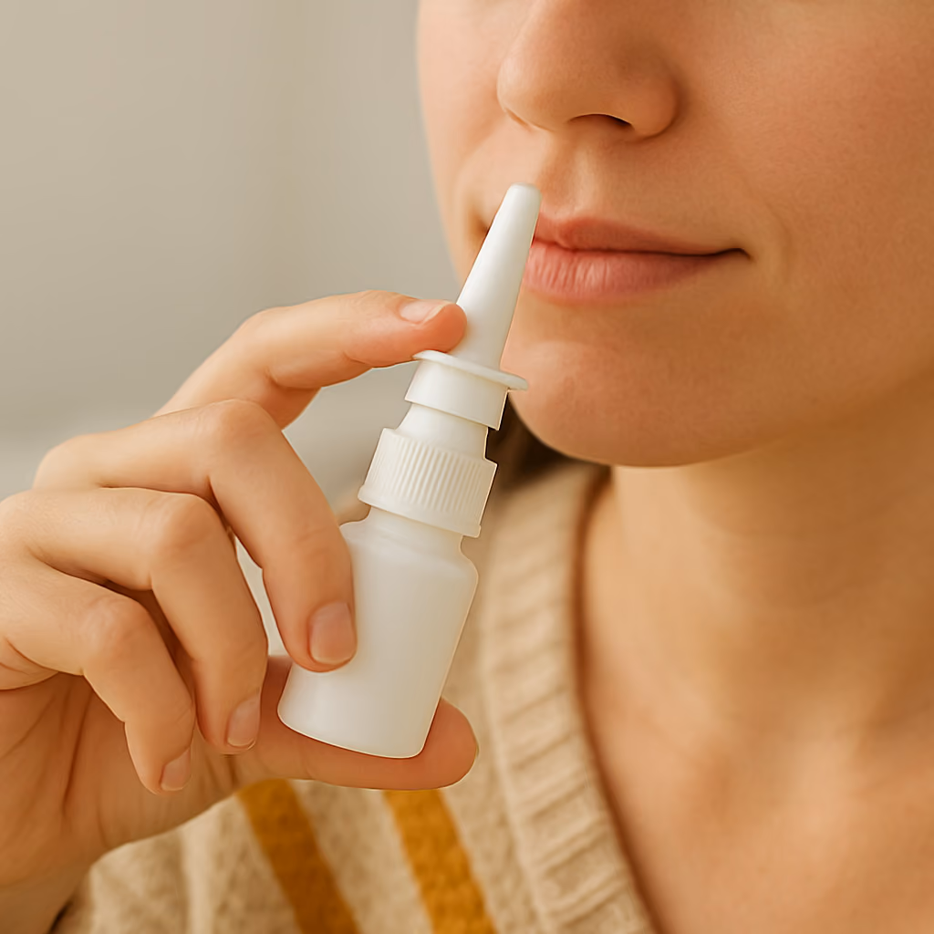 A patient prepares to use nasal ketamine prescribed by their doctor.