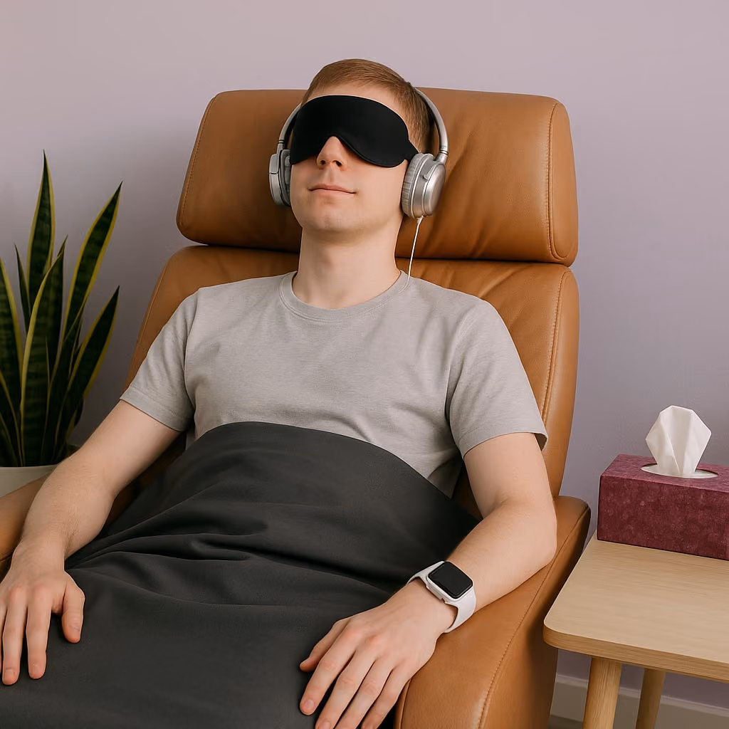 A patient is relaxed during their clinical ketamine therapy with headphones and a sleep-mask over their eyes and a blanket.