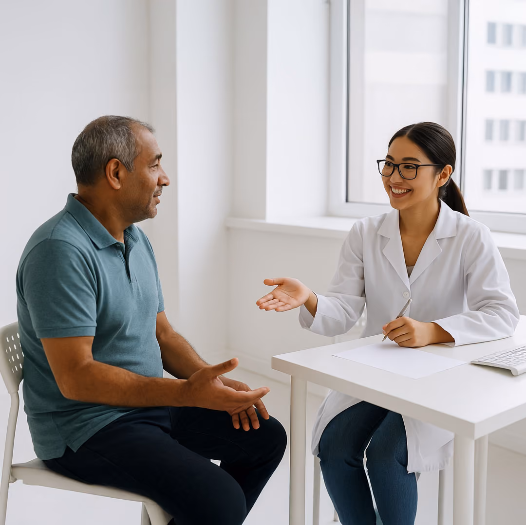 A patient ans a provider have a conversation about treatment options.