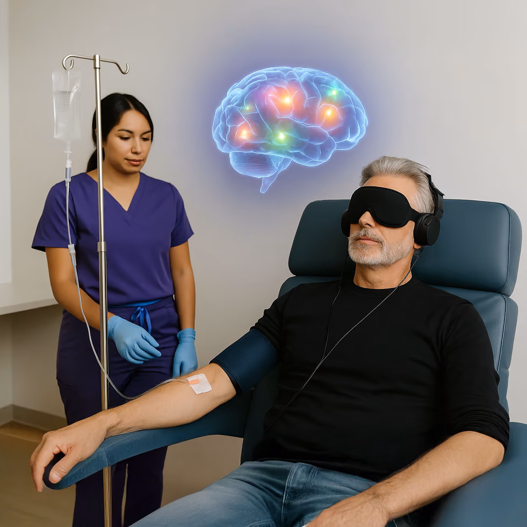 A patient gets ketamine therapy with a glowing brain above their head to show how ketamine works on the brain.