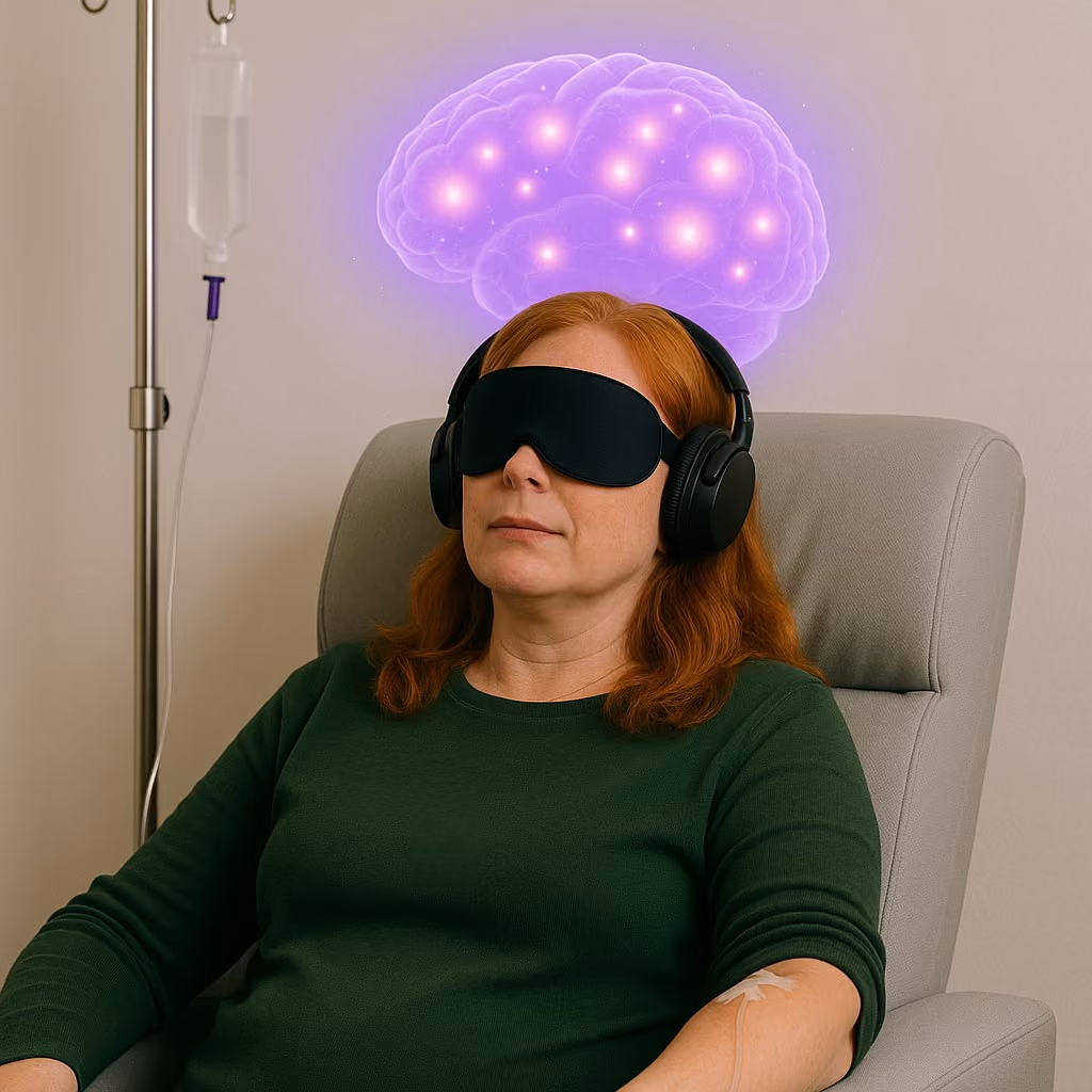 A patient gets IV ketamine therapy. There's a glowing purple brain above the patient.