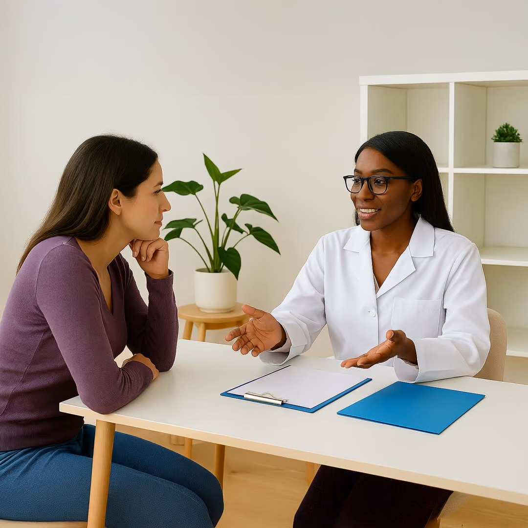 A patient and a ketamine therapy provider discuss treatment options.