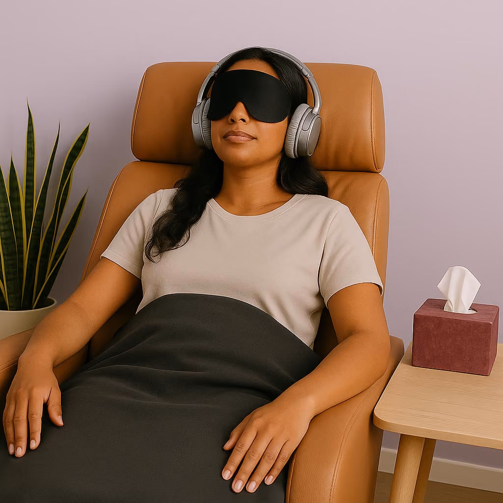 A patient sits in a recliner chair in a ketamine clinic with headphones, a sleep mask, and tissues nearby.
