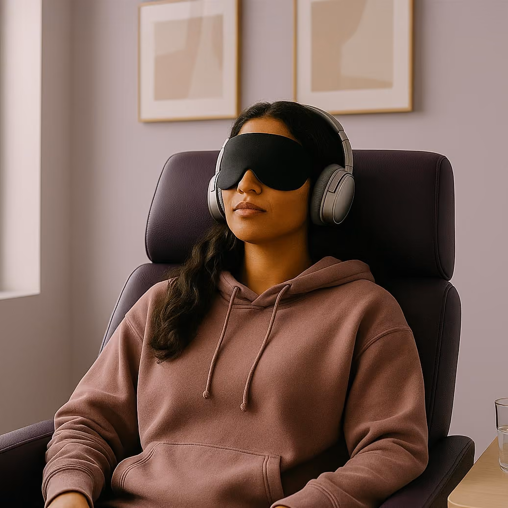 A patient sits in a ketamine clinic with headphones and an eyemask.