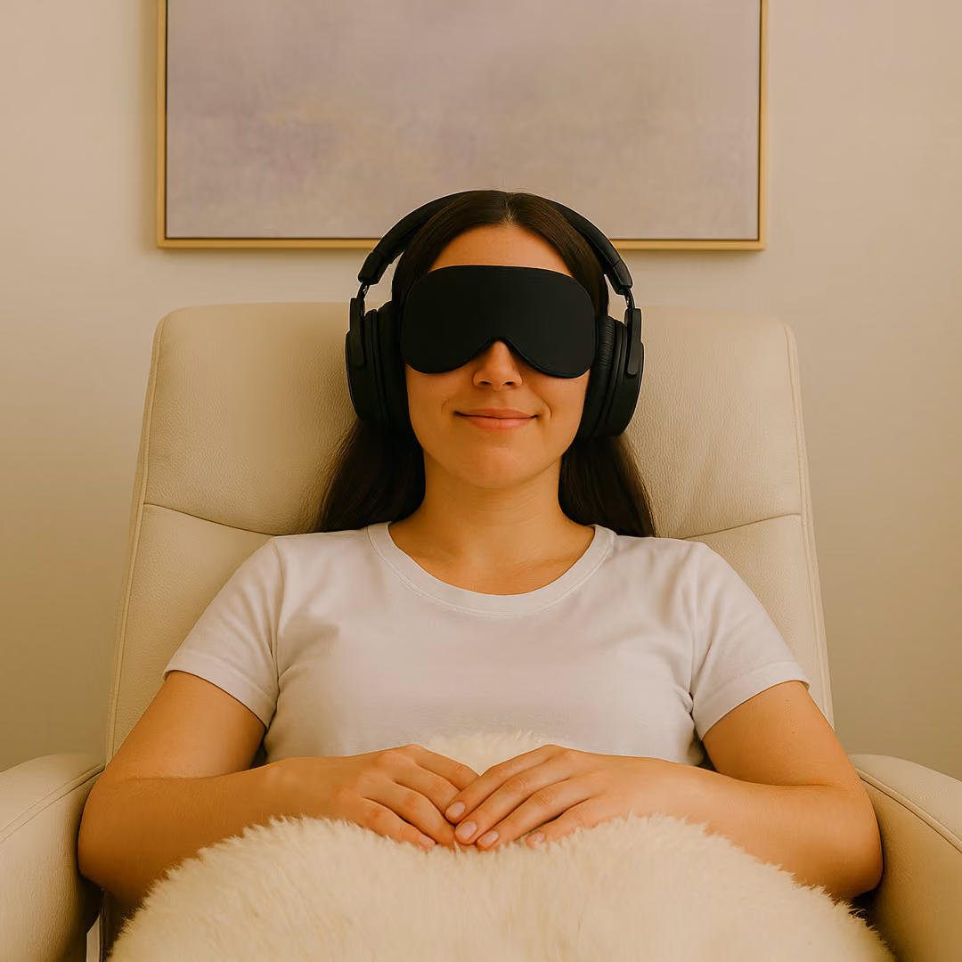 Relaxed woman wearing sleep mask and headphones sitting on beige chair with hands resting on a fluffy cushion.