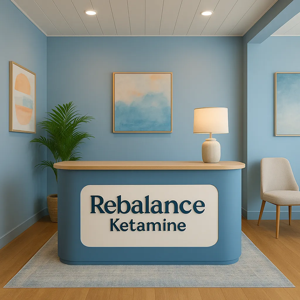 Rebalance Ketamine front desk with soft lighting and blue walls.