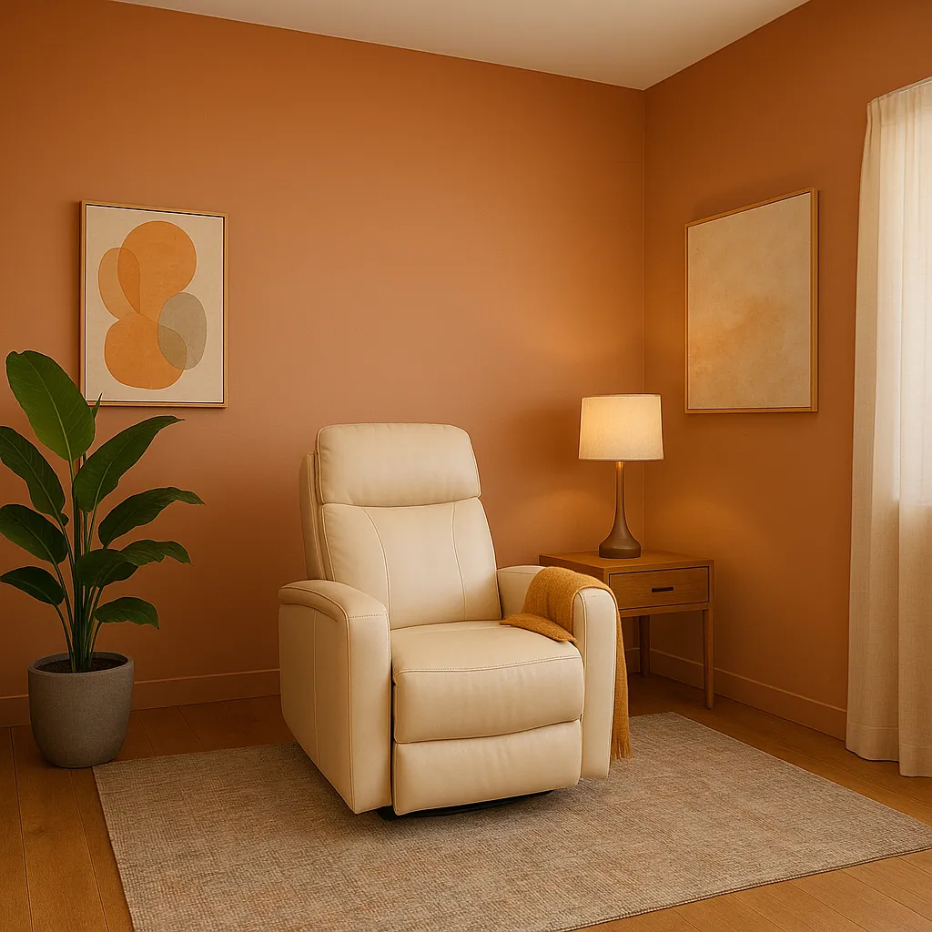 Tan recliner in a warm, softly lit room with artwork and a plant.