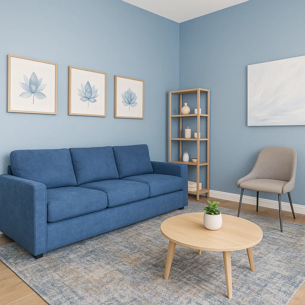 A waiting room with a blue sofa, light wood furniture, and soft botanical artwork on blue walls.