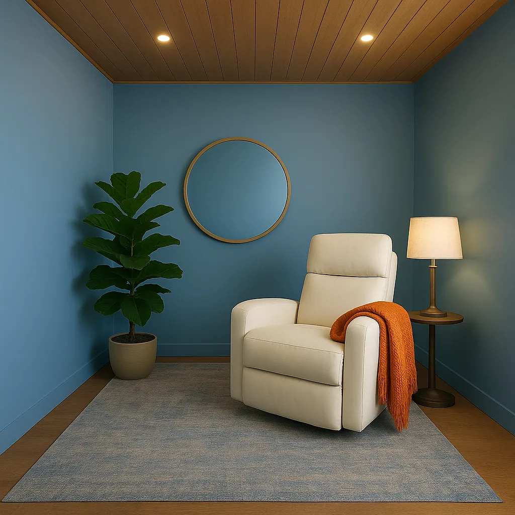 White recliner in a blue room with a plant, lamp, and round mirror.