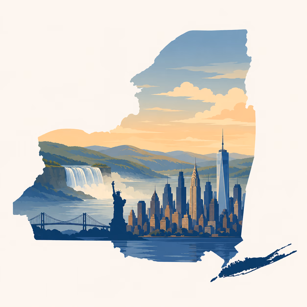 Stylized illustration of New York State featuring New York City, the Statue of Liberty, and Niagara Falls for Ketamine Therapy New York