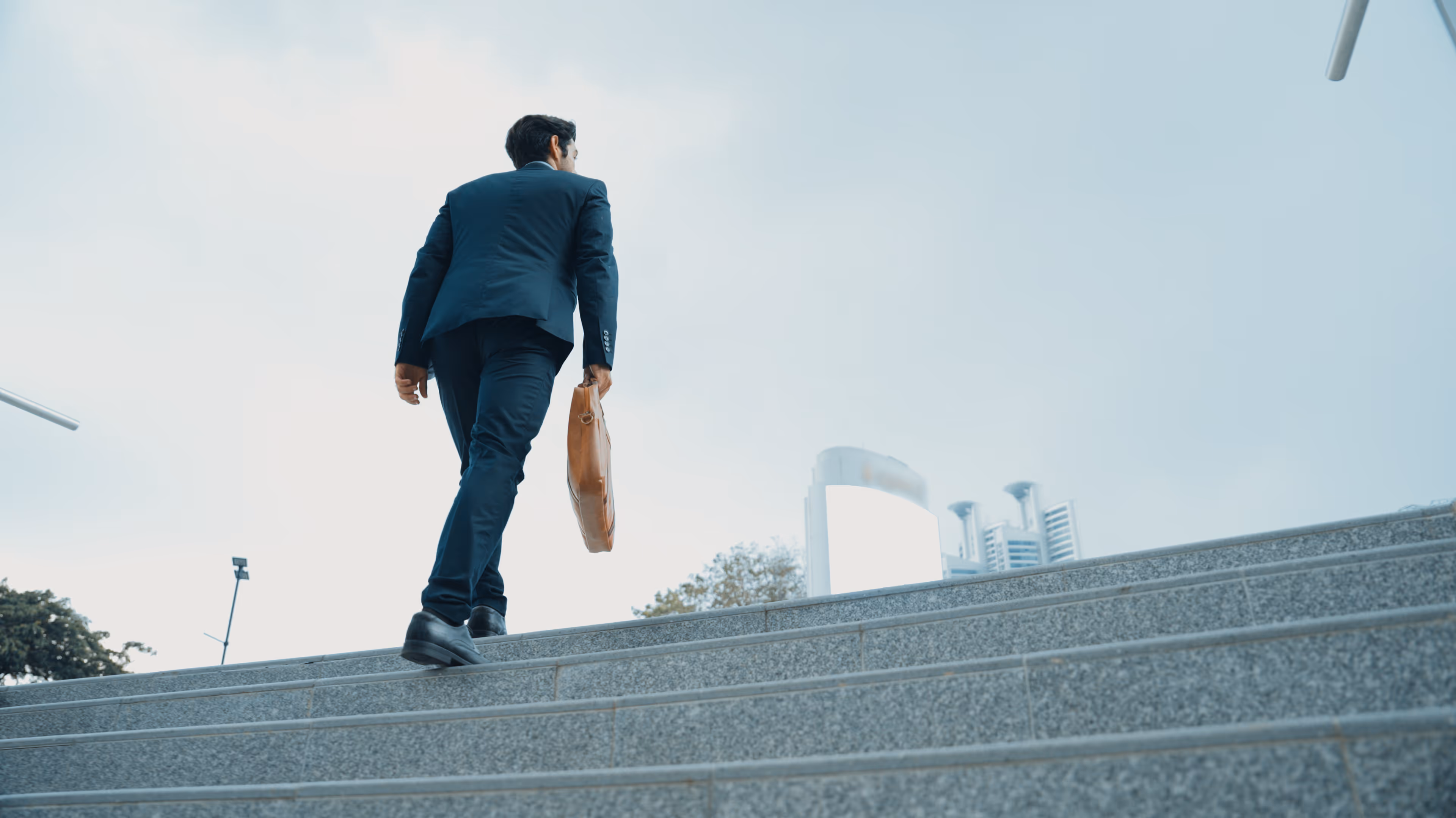 Picture of a business professional, assisted by Accelyst climbing stairs at a building resembling the steps an executive must take to rise up!