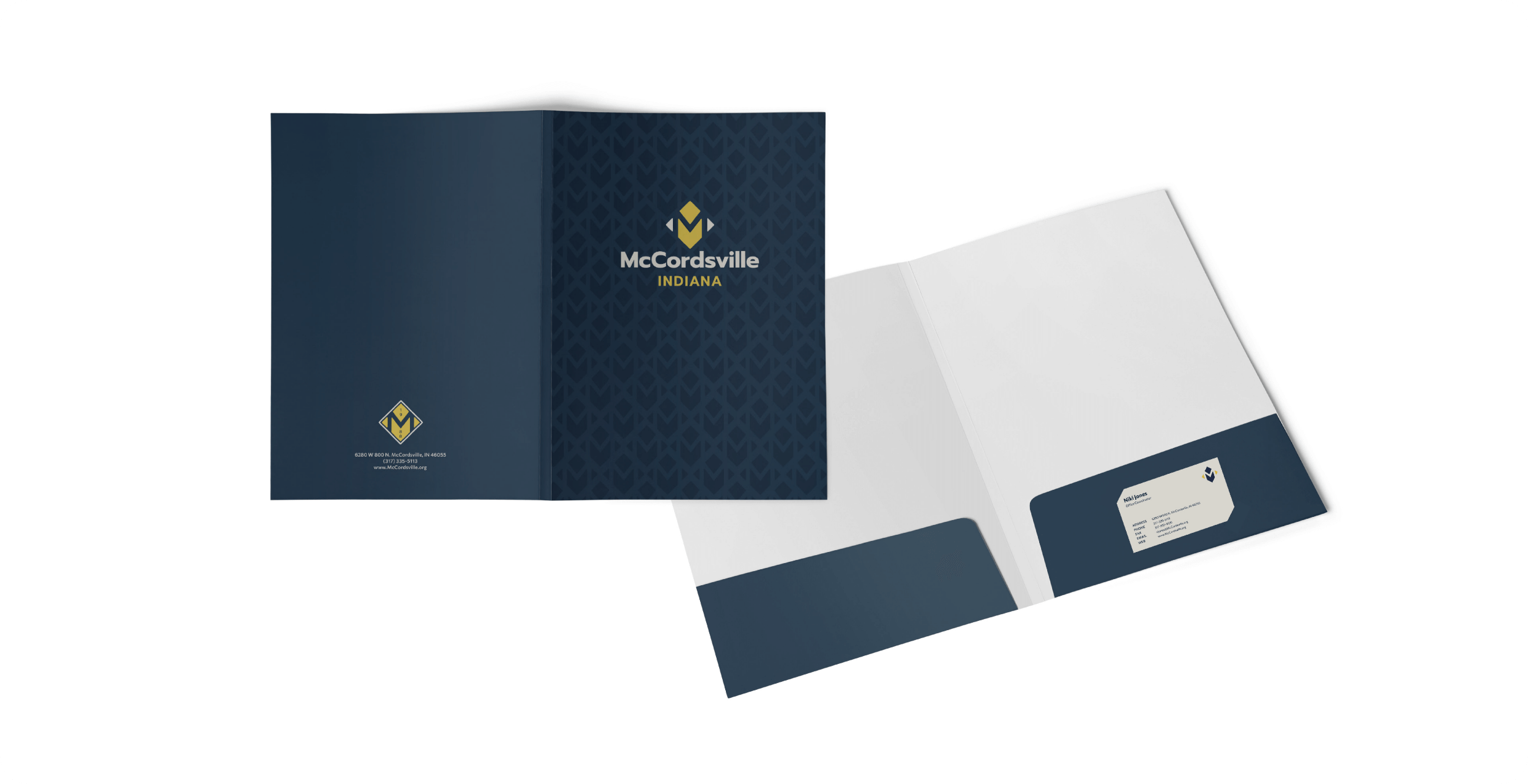 Exterior and interior branded folder designed by AP The Creative for the Town of McCordsville which includes a slot for a business card. 