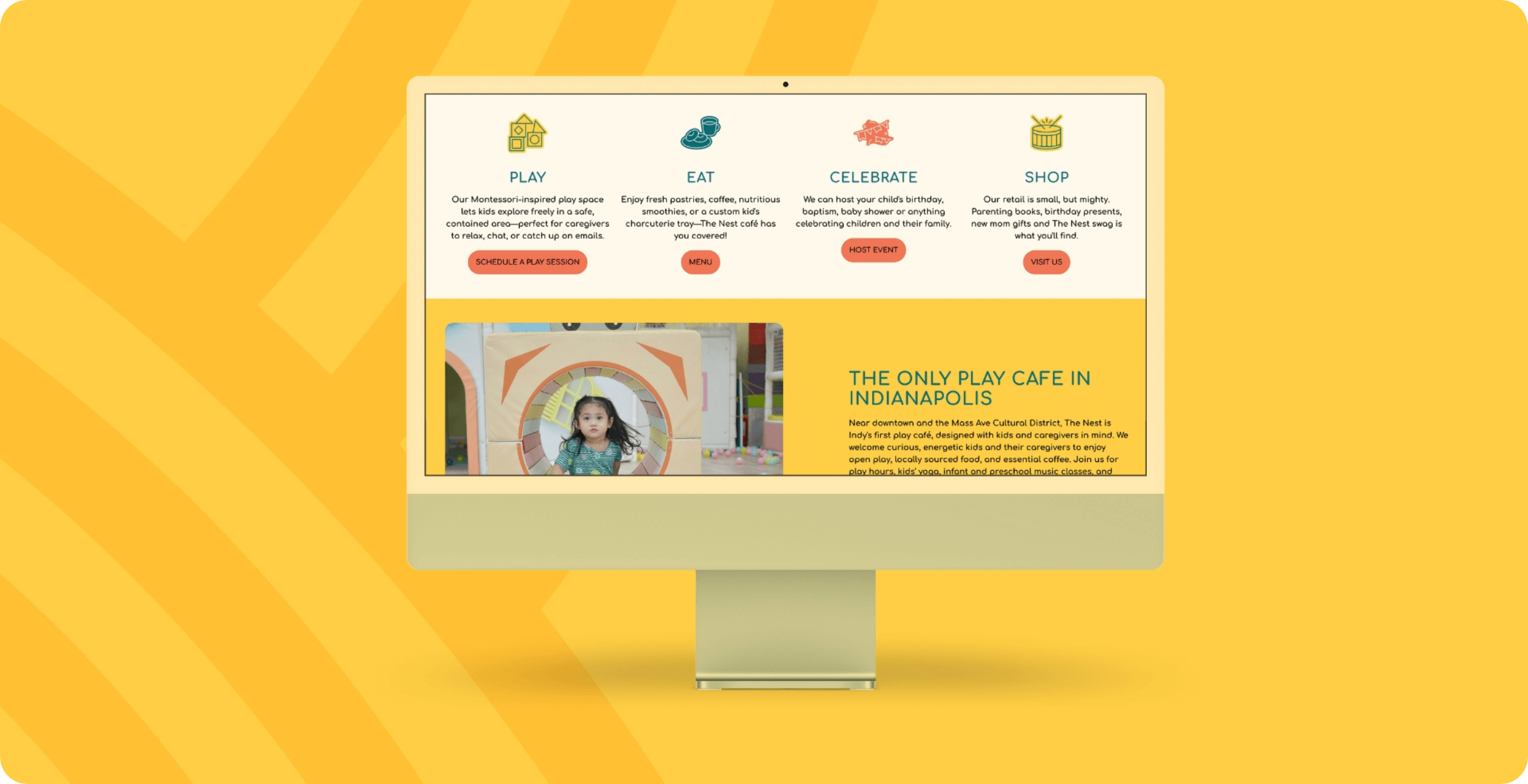 The Nest Play Cafe, a family play cafe in Indianapolis, website mockup designed and built by AP the Creative and The Lovely Dev in Square.
