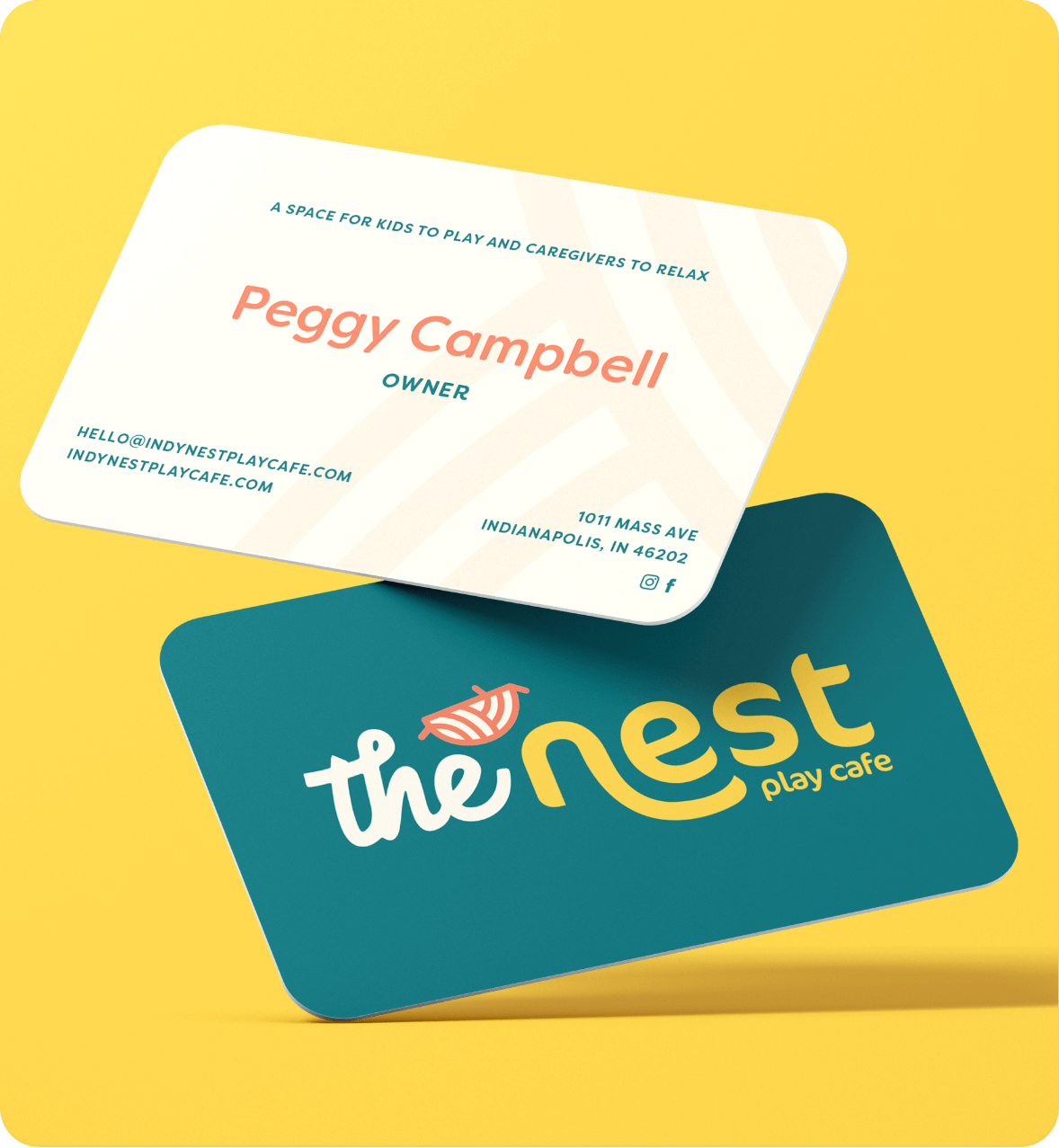 Front and back of The Nest Play Cafe's business card designed by AP The Creative.