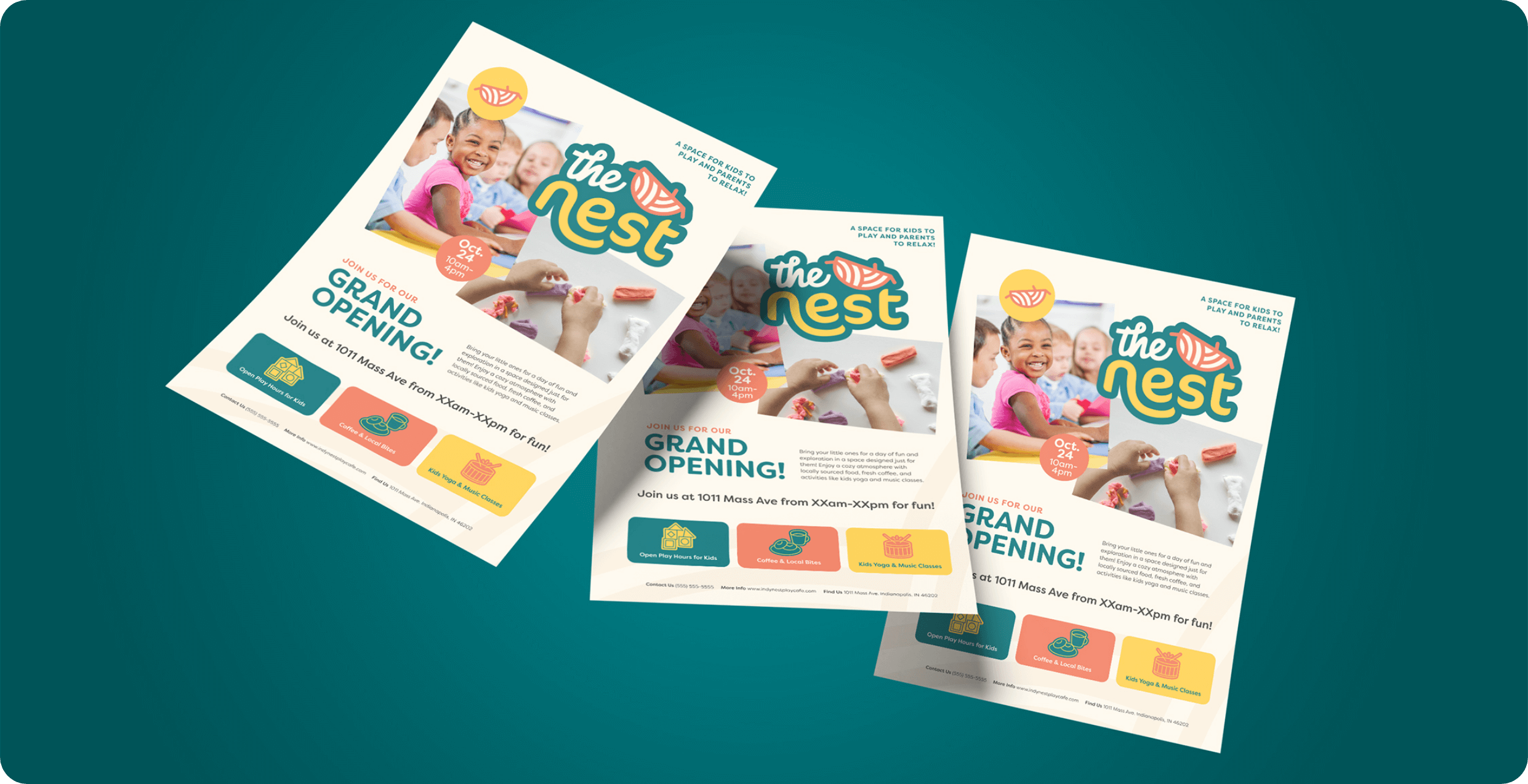 Three flyer template designs for The Nest Play Cafe, a family play cafe in Indianapolis, designed by AP the Creative. 