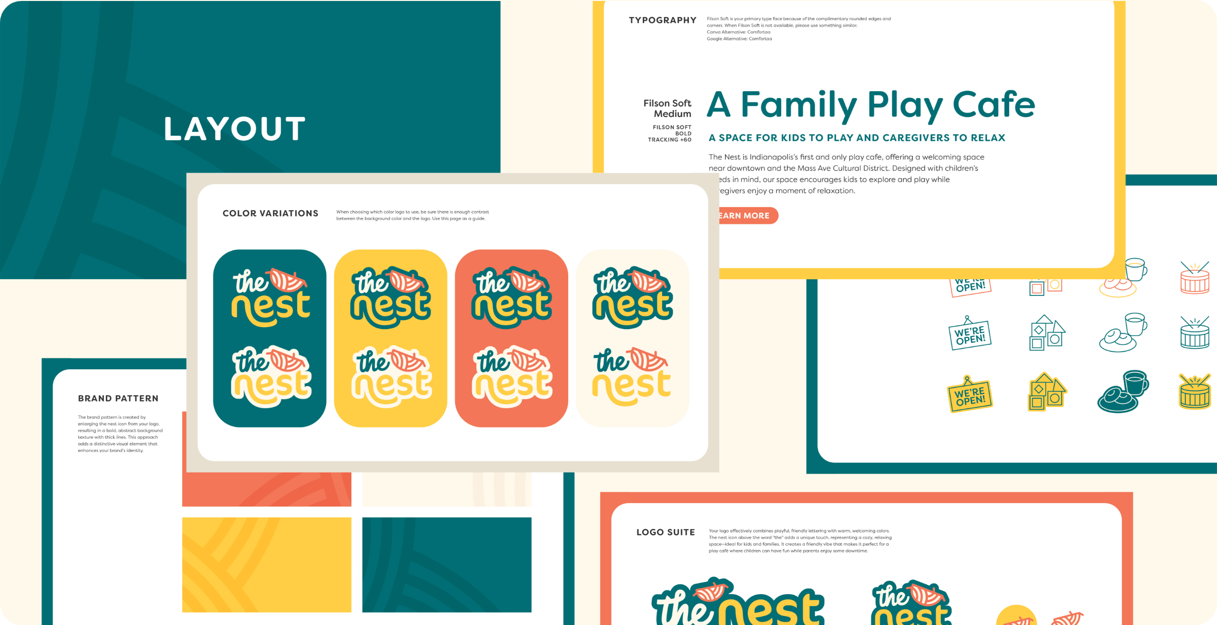 Brand guidelines for The Nest Play Cafe, a family play cafe in Indianapolis, designed by AP the Creative. 