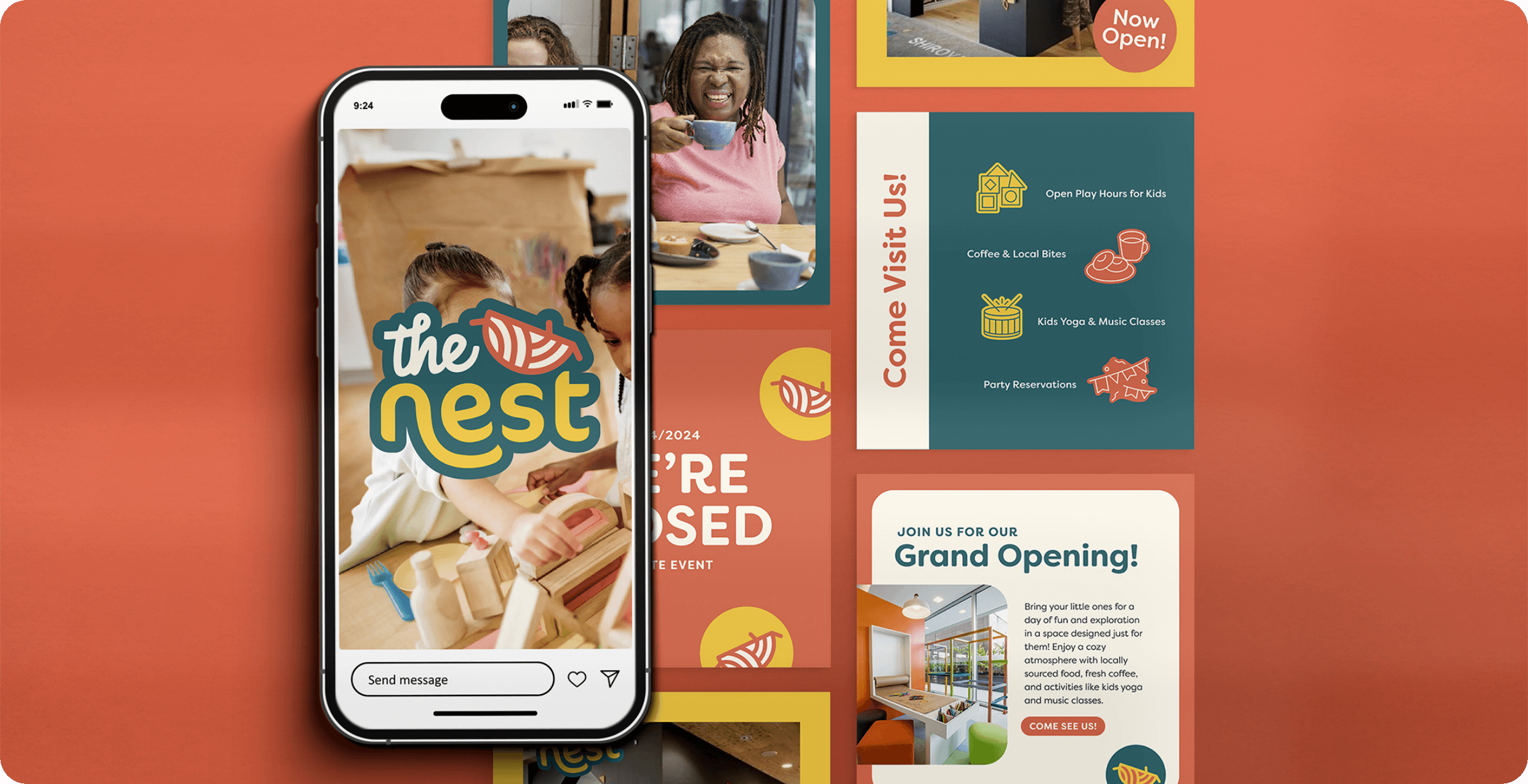Social media template graphics created in Canva for The Nest Play Cafe, a family play cafe in Indianapolis, designed by AP the Creative. 