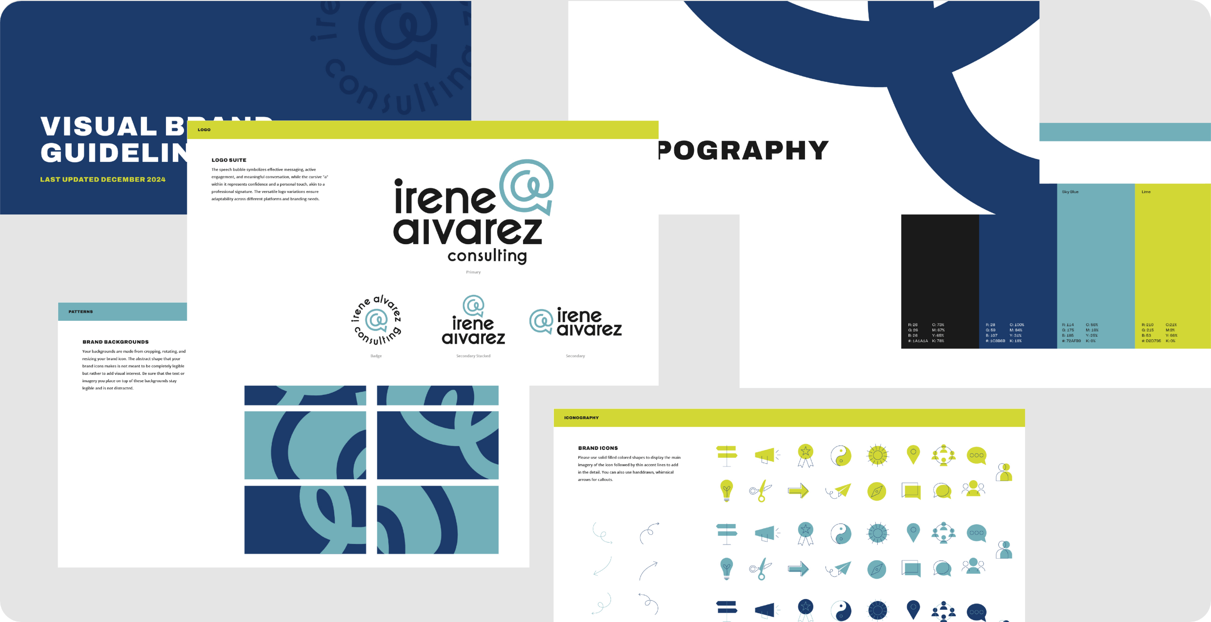 Brand guidelines for Irene Alvarez Consulting, a firm specializing in workshops, marketing and messaging for community organizations and nonprofits, designed by AP the Creative. 