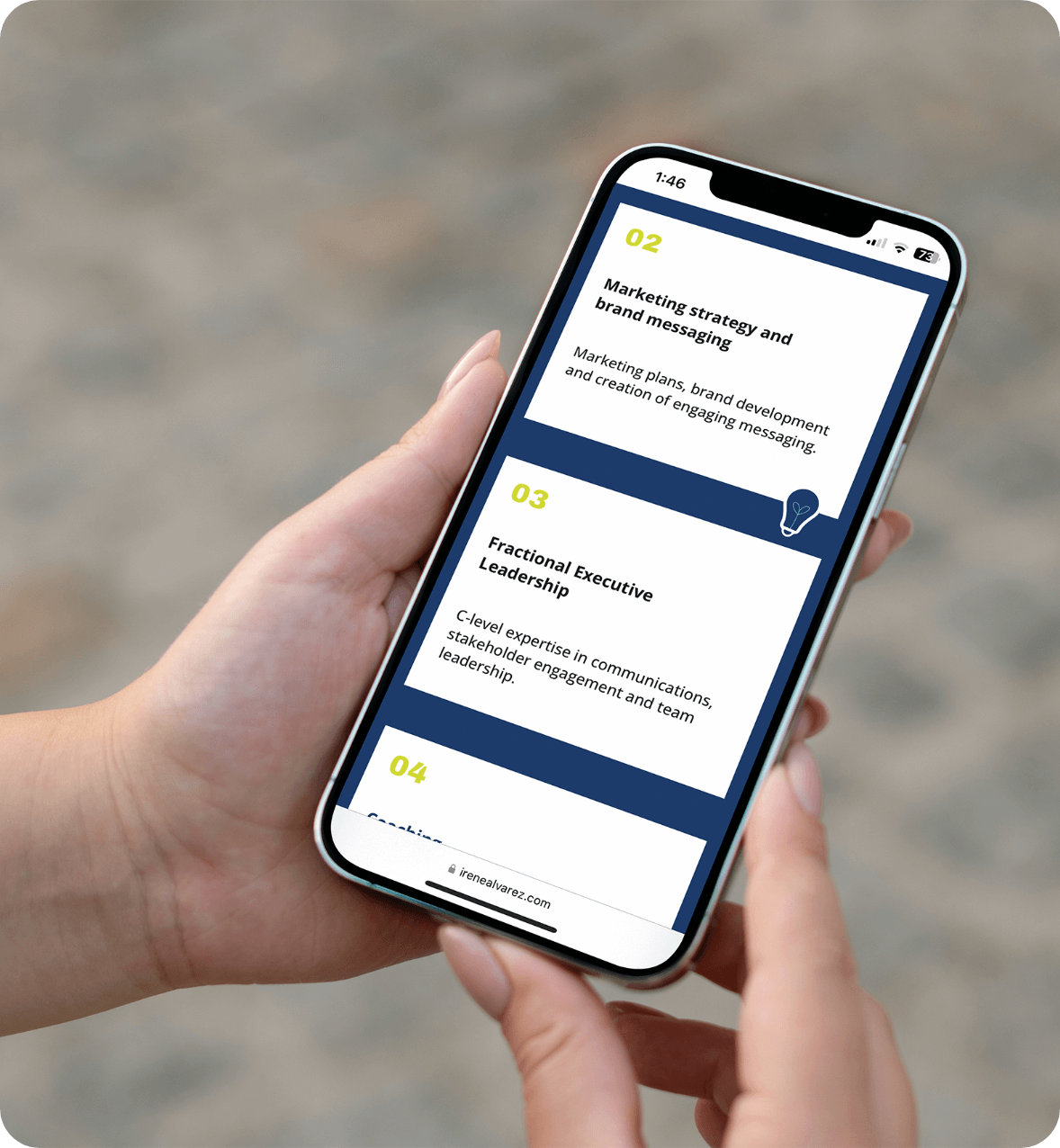 Irene Alvarez Consulting, a firm specializing in workshops, marketing and messaging for community organizations and nonprofits, website mockup on mobile device designed and built by AP the Creative in Squarespace. 