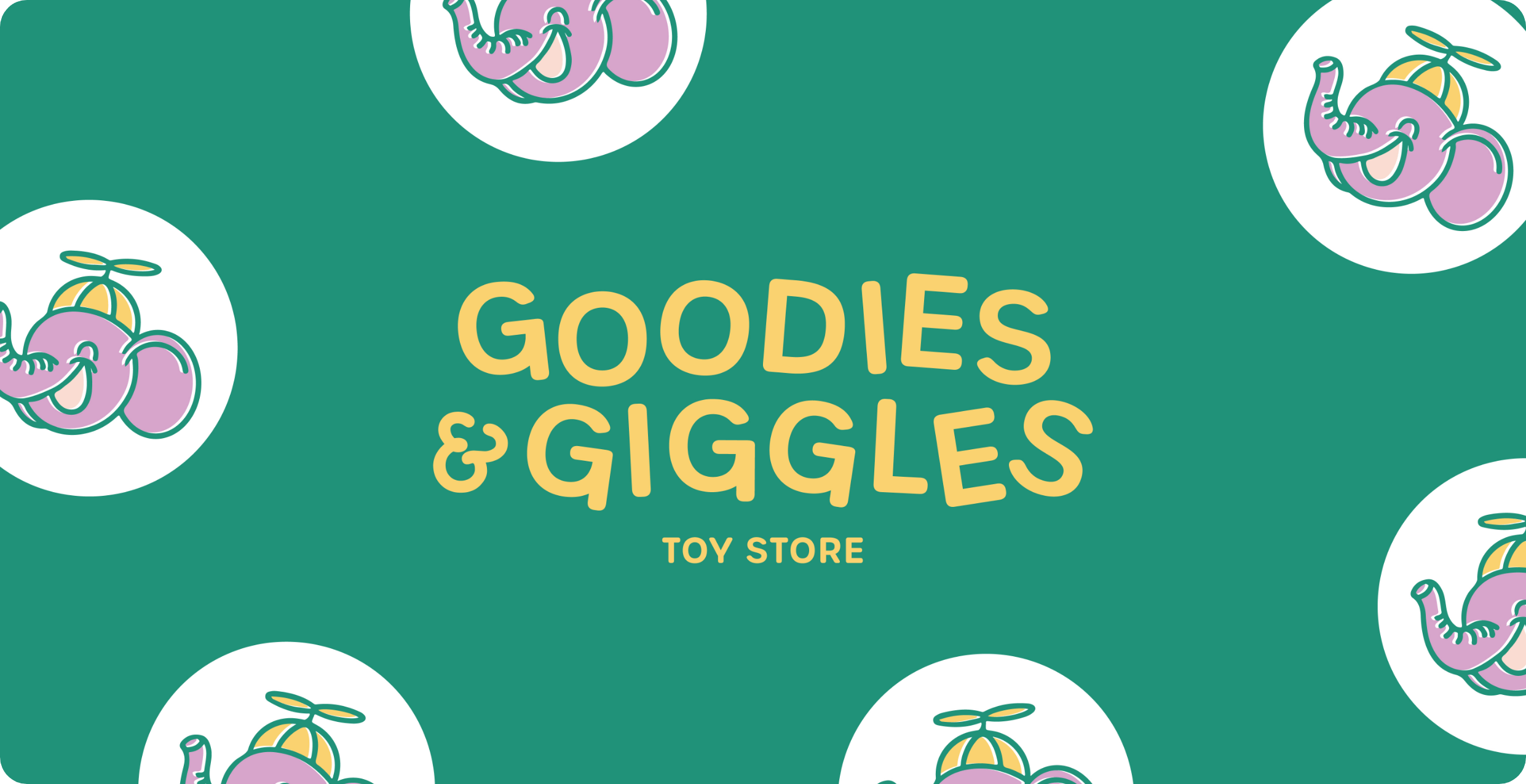 Goodies and Giggles yellow logo on green background with elephant mascot designed by AP The Creative.