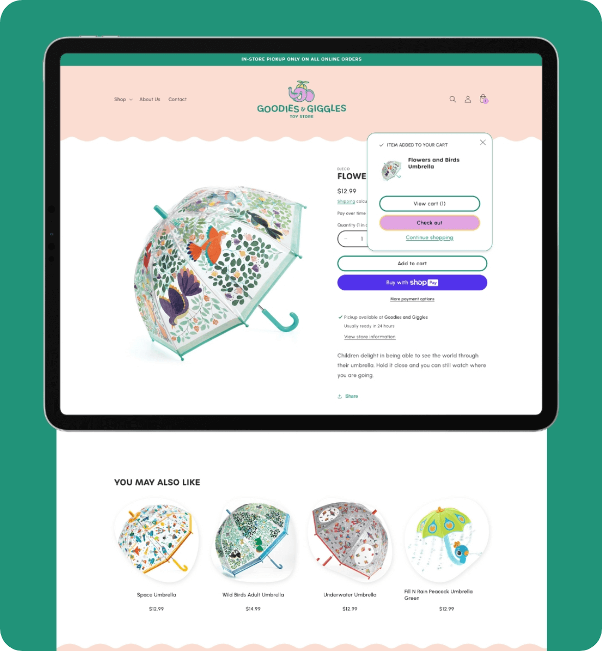 Goodies and Giggles Toy Store e-commerce website mockup product page on ipad designed by AP The Creative and developed and built by The Lovely Dev in Shopify