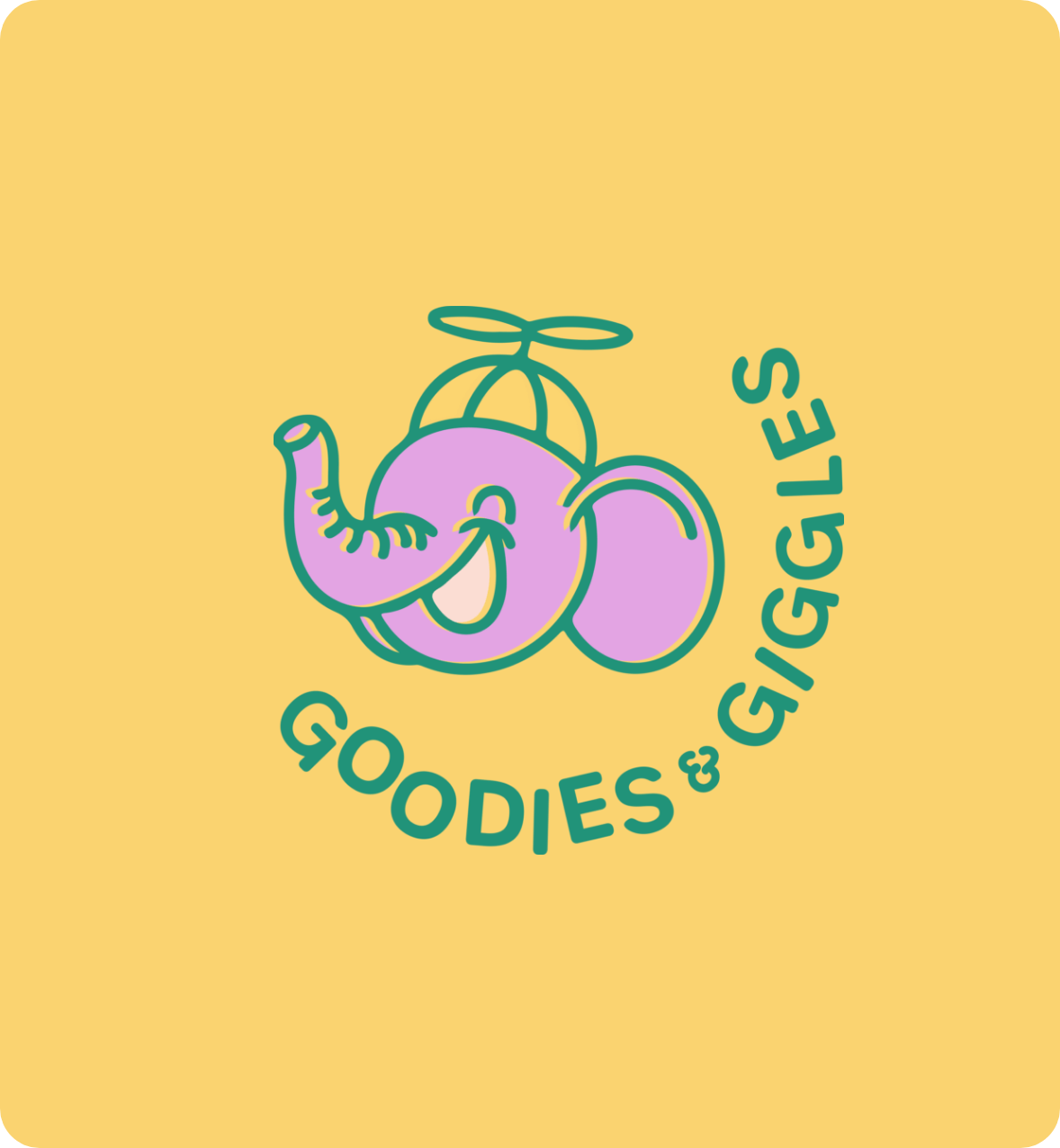 Goodies & Giggles Toy Store mascot elephant logo on yellow background designed by AP The Creative.