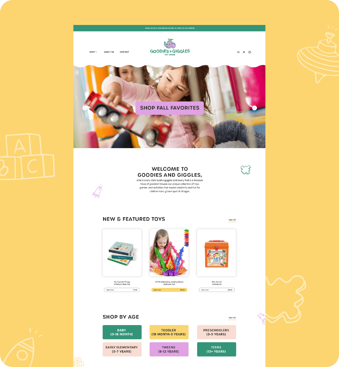 Goodies and Giggles Toy Store e-commerce website mockup designed by AP The Creative and developed and built by The Lovely Dev in Shopify
