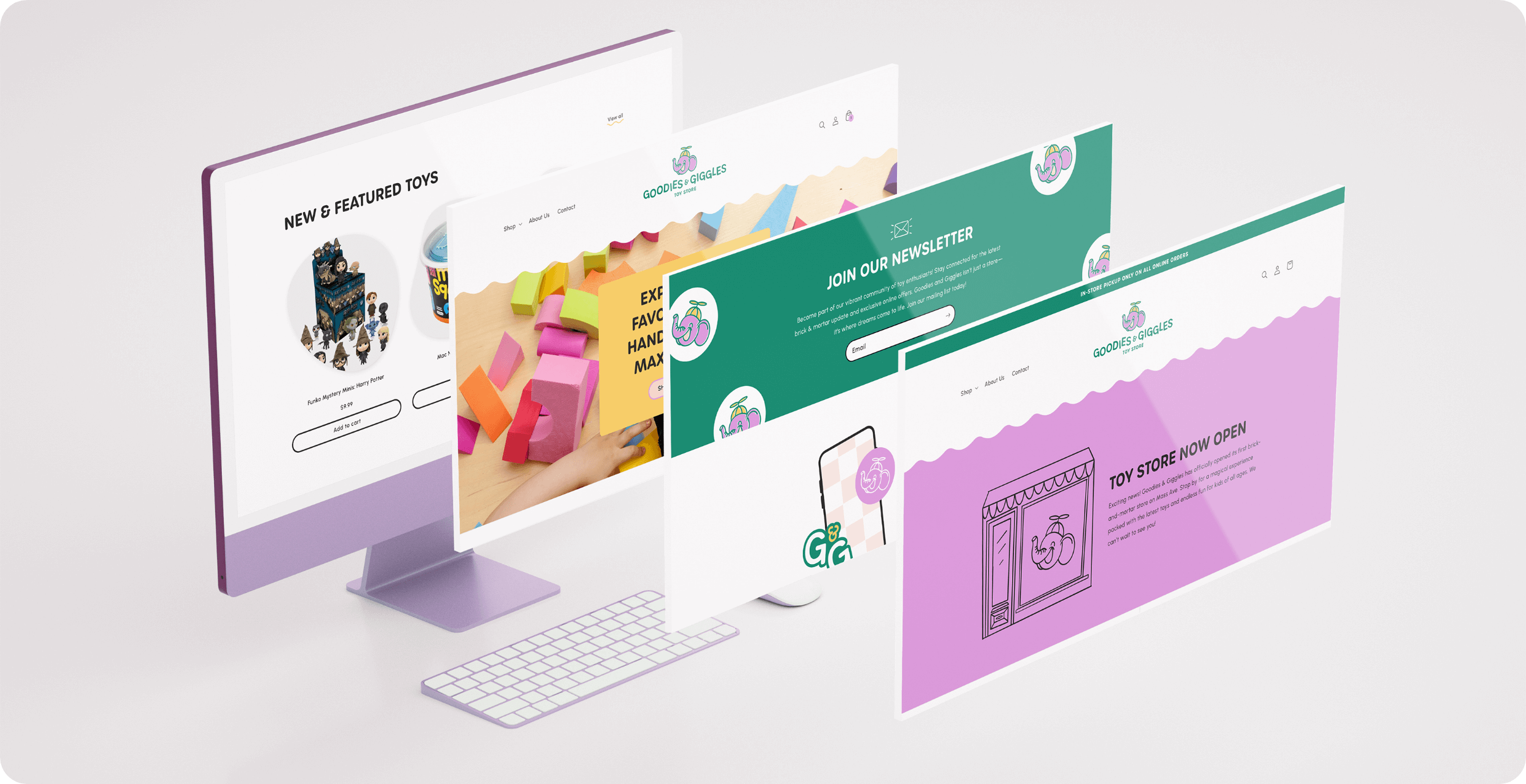 Goodies and Giggles Toy Store e-commerce website mockup on desktop Mac designed by AP The Creative and developed and built by The Lovely Dev in Shopify