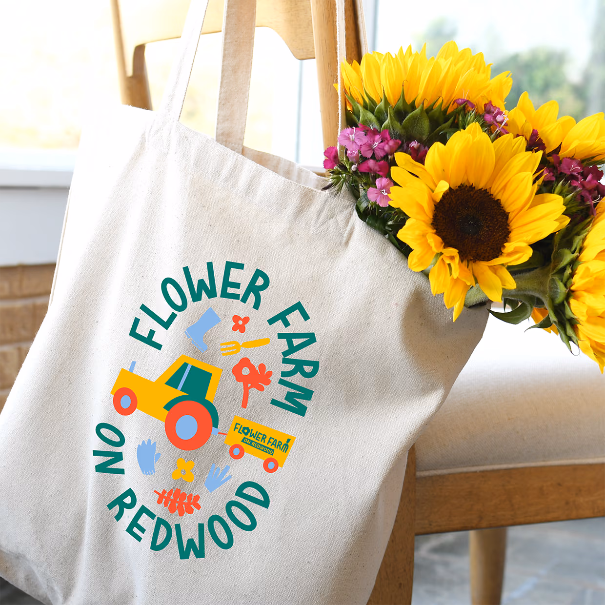 Flower Farm on Redwood truck doodles design for tote bag and tshirt with bouquet poking out designed by AP The Creative
