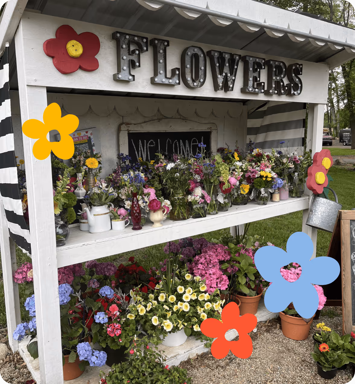Flower Farm on Redwood flower stand setup of bouquet with the branding and logo designed by AP The Creative