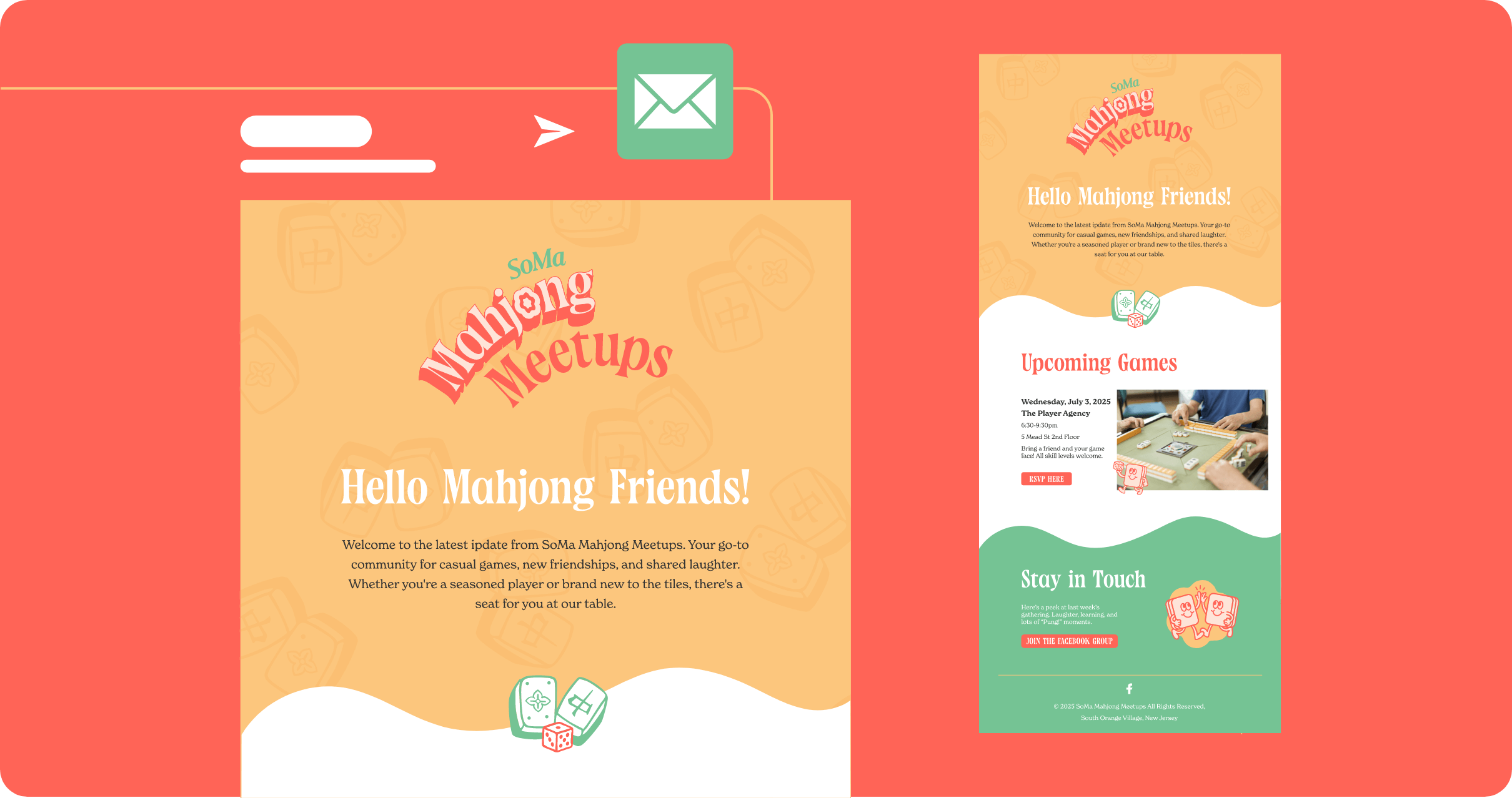 SoMa Mahjong Meetups based in New Jersey email design template mockup designed by AP The Creative. This will be built in Mailchimp.