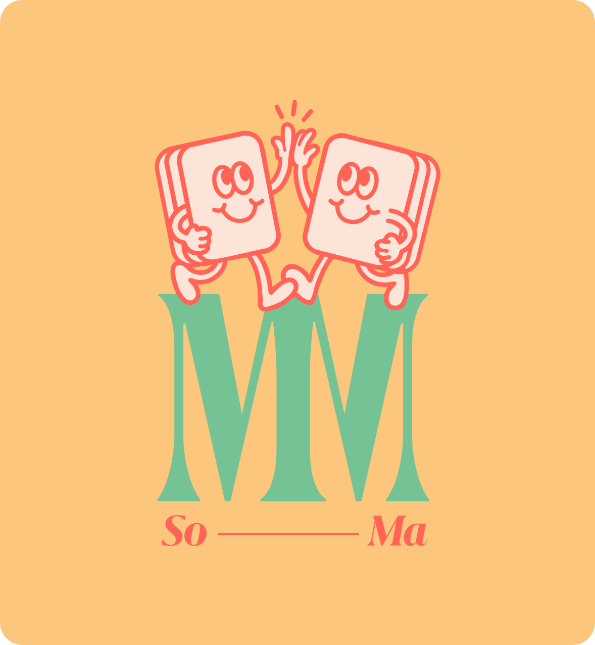 SoMa Mahjong Meetups secondary logo with fun creative retro mascots of mahjong playing tiles designed by AP The Creative.