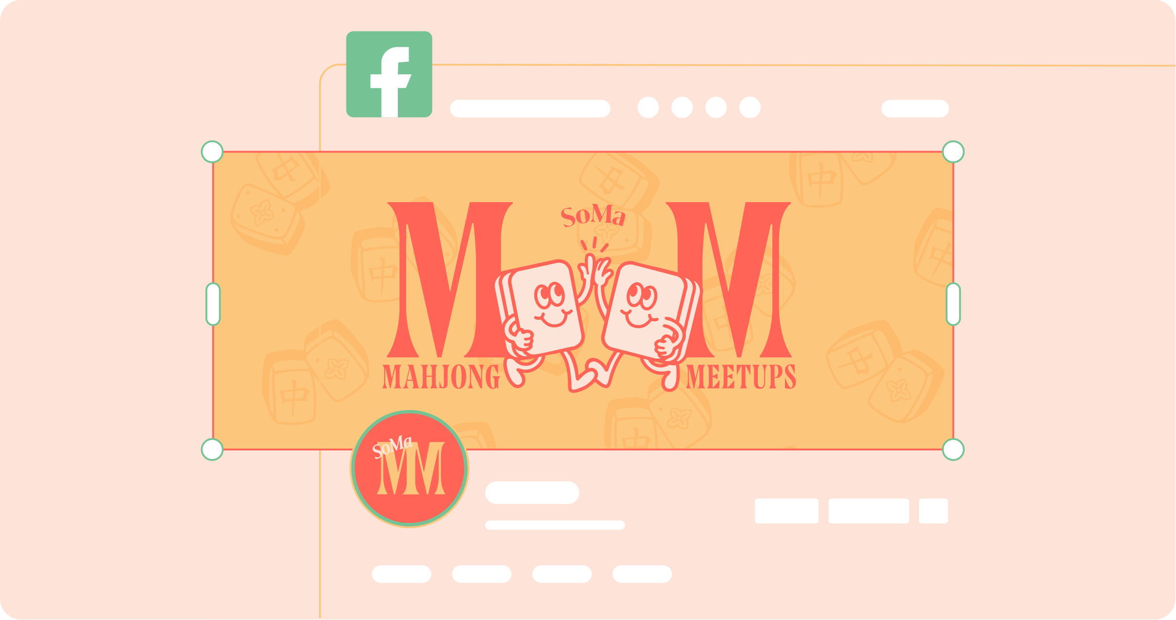 SoMa Mahjong Meetups Facebook banner photo designed by AP The Creative with fun creative mascots of the playing tiles. Based in New Jersey.