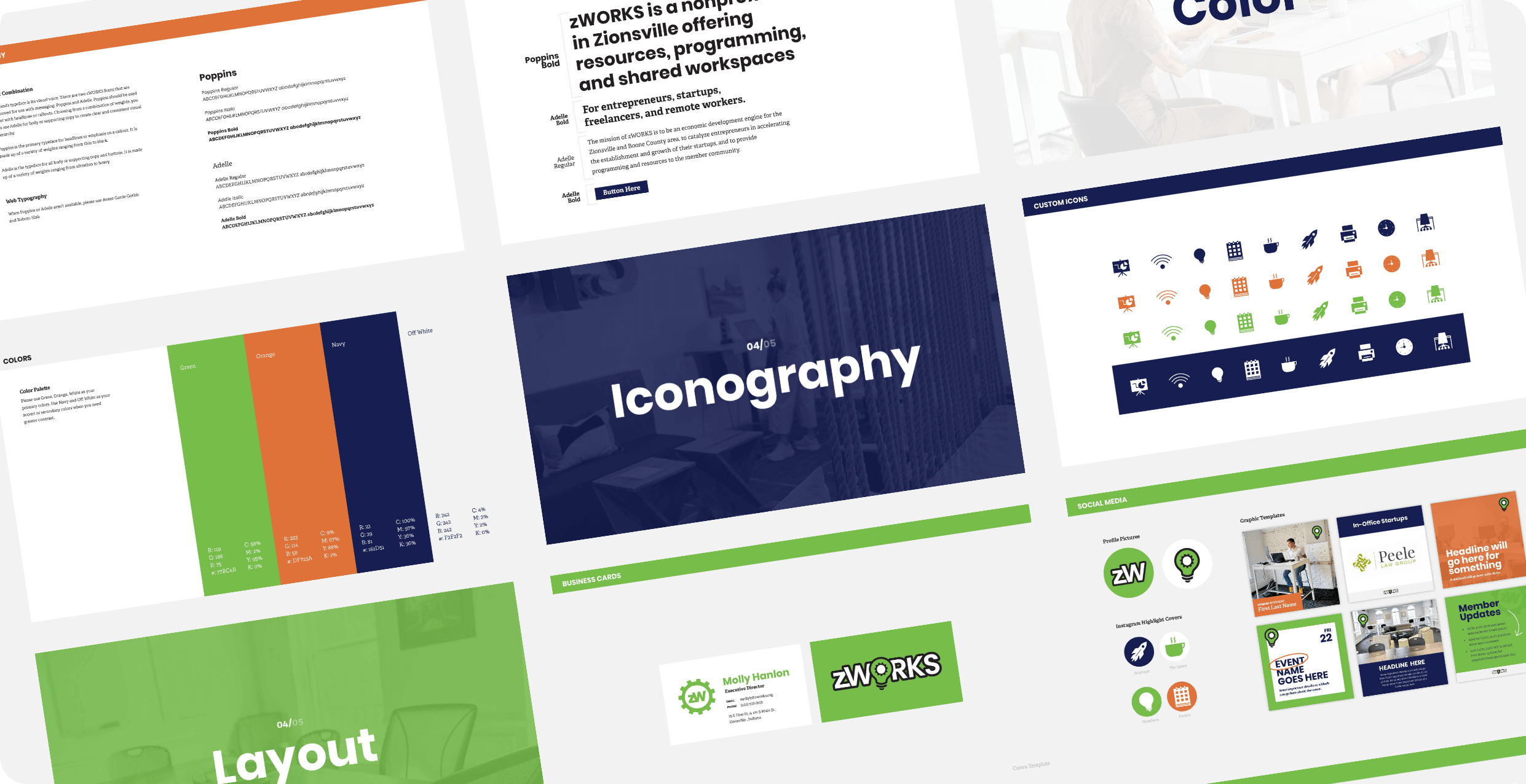 Brand guidelines designed for zWORKS, a coworking space in Zionsville Indiana, by AP The Creative.