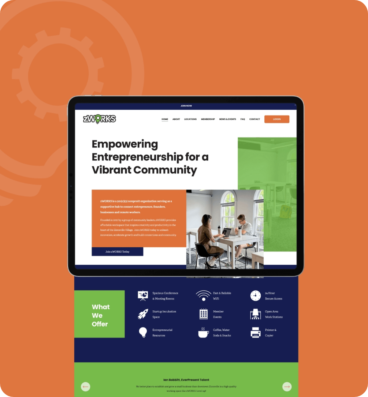 Website homepage design by AP The Creative for zWORKS, a co-working space in Zionsville. Developed by The Lovely Dev.
