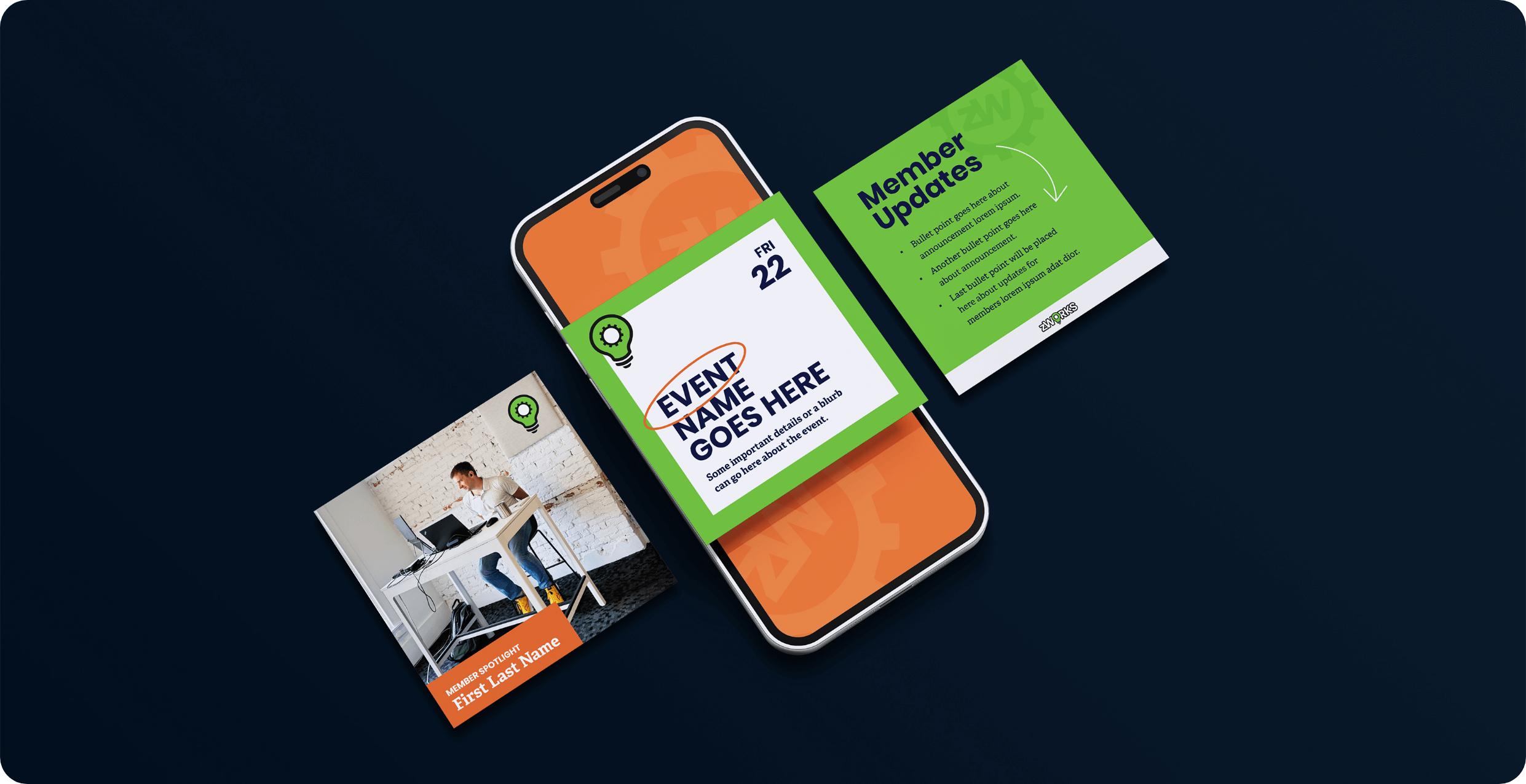 Social media templates for zWORKS, a coworking space in Zionsville that hosts event and offers work spaces for individuals and businesses.