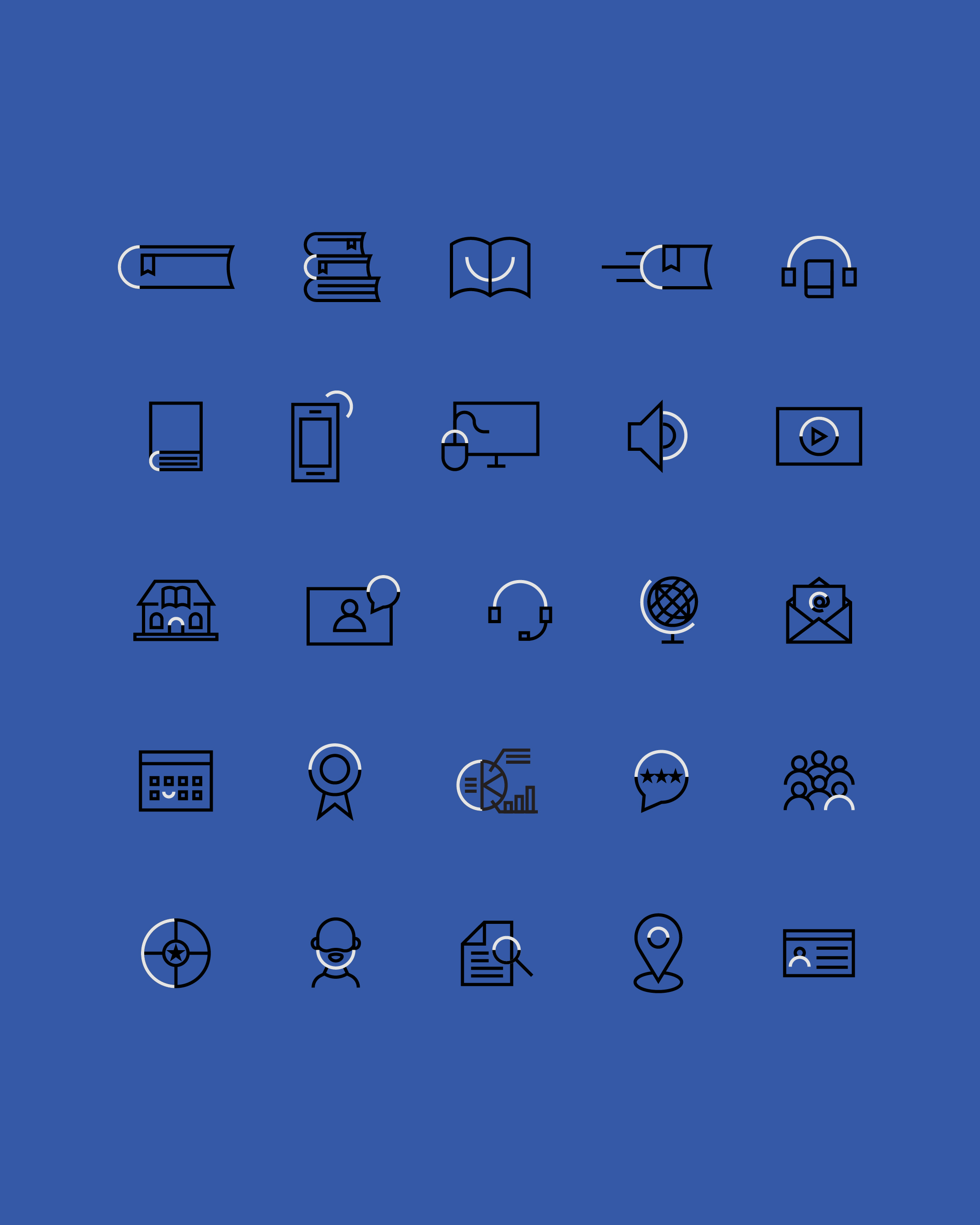 Icon designs for the Indianapolis Public Library designed by AP The Creative that include books, library cards, computers, and library branches. 