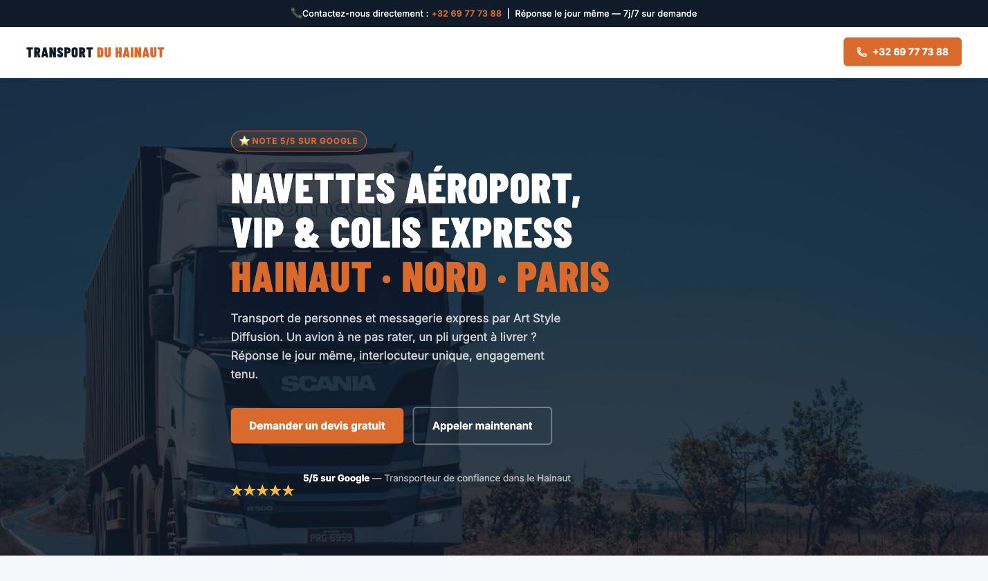 Capture d'écran de la page construite pour Transport du Hainaut