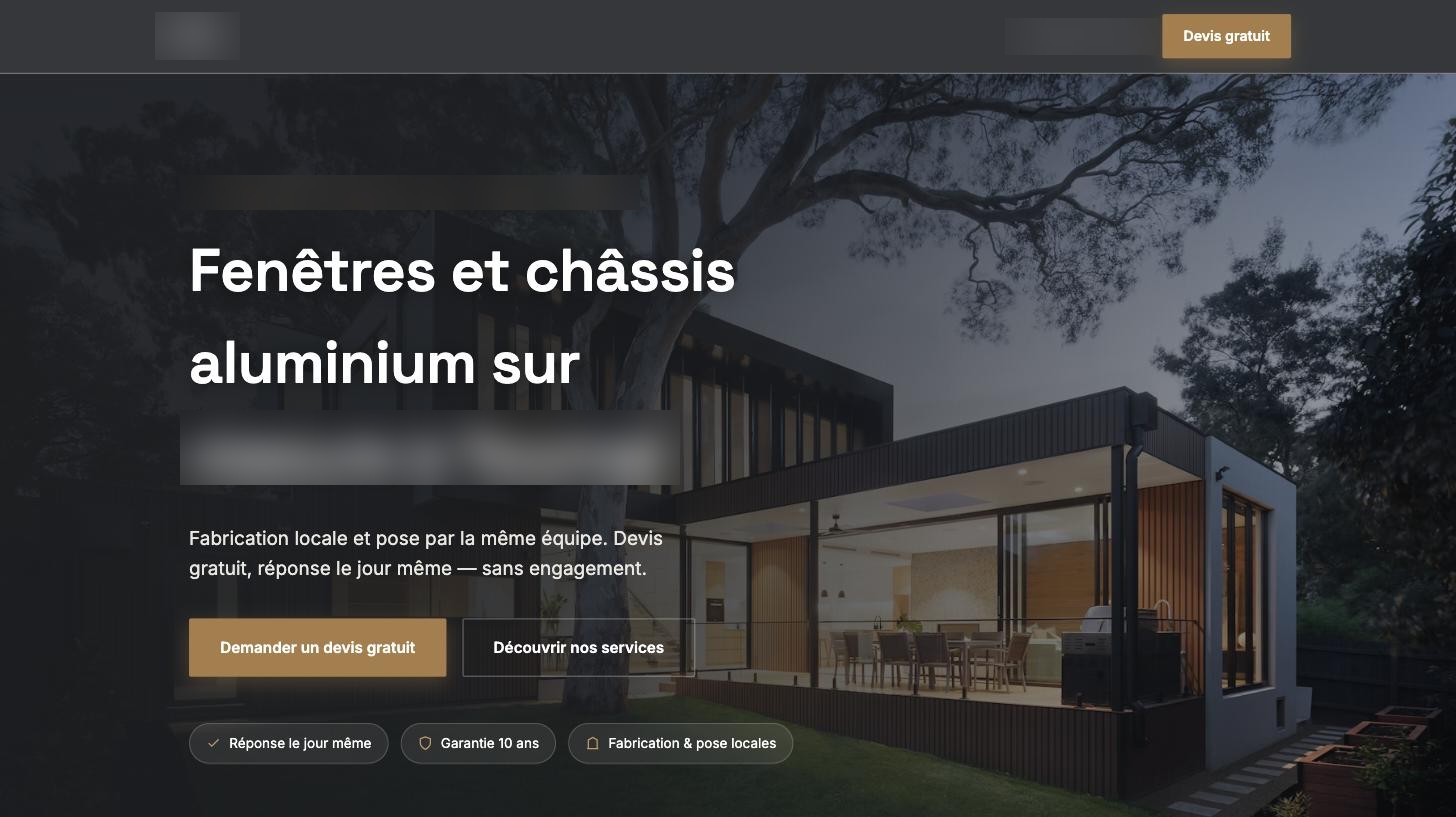 Capture d'écran du site réalisé, secteur menuiserie aluminium, noms masqués