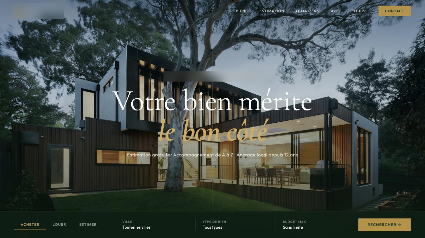 Capture d'écran du site réalisé, secteur immobilier, noms masqués