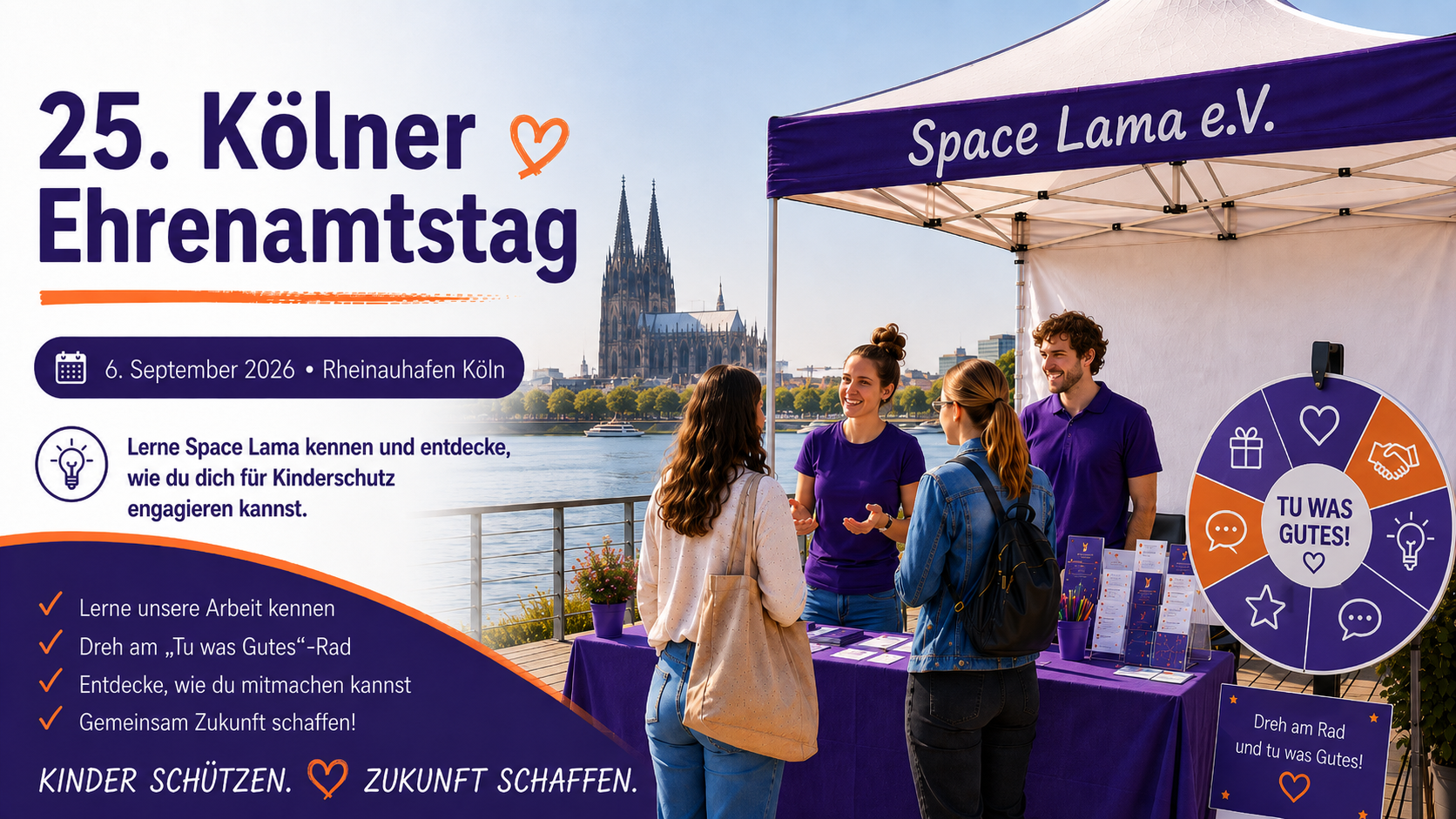 Space Lama e.V. beim 25. Kölner Ehrenamtstag im Rheinauhafen mit Infostand, Besucherinnen und Besuchern sowie dem "Tu was Gutes"-Rad.