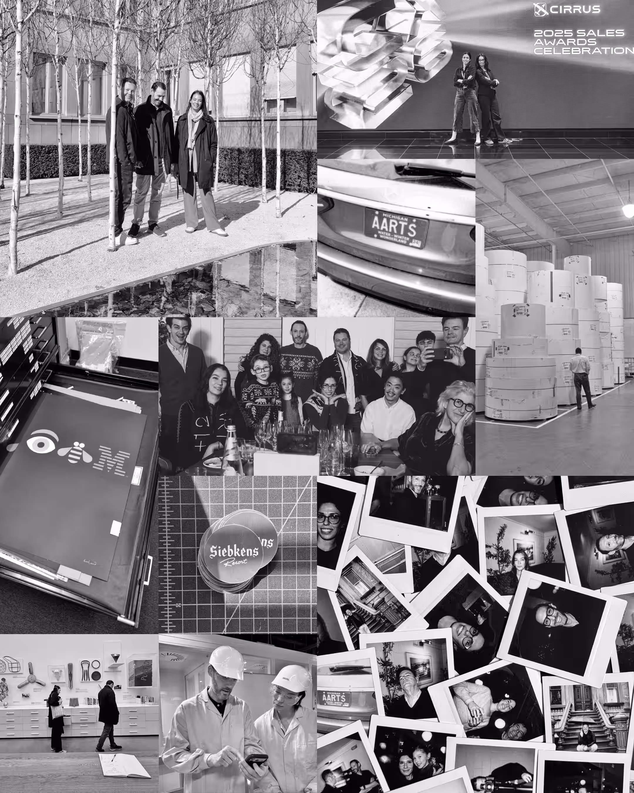 Black-and-white collage of candid studio and event shots: team members collaborating on laptops, a pair of silhouetted filmmakers behind a bright spotlight, a Michigan license plate reading "AARTS," stacks of paper rolls in a warehouse, production equipment, and casual social photos featuring people at an outdoor event and at the Museum of Modern Art in New York City. The images convey a creative, collaborative, and dynamic environment at Applied arts.