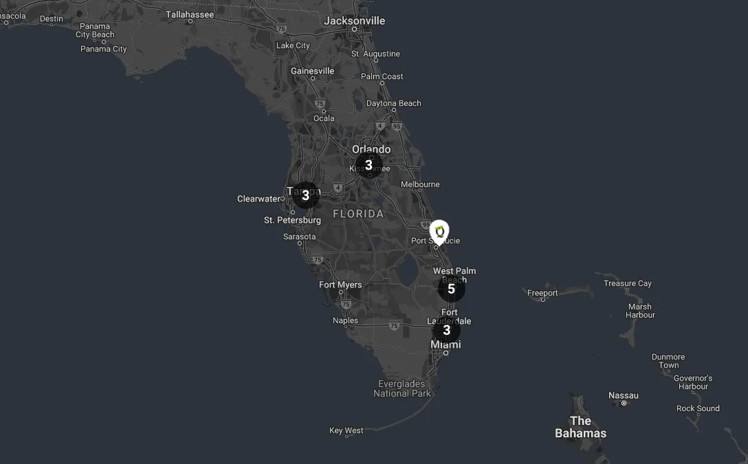 Map of the 17 Queen of Pawns locations across Florida