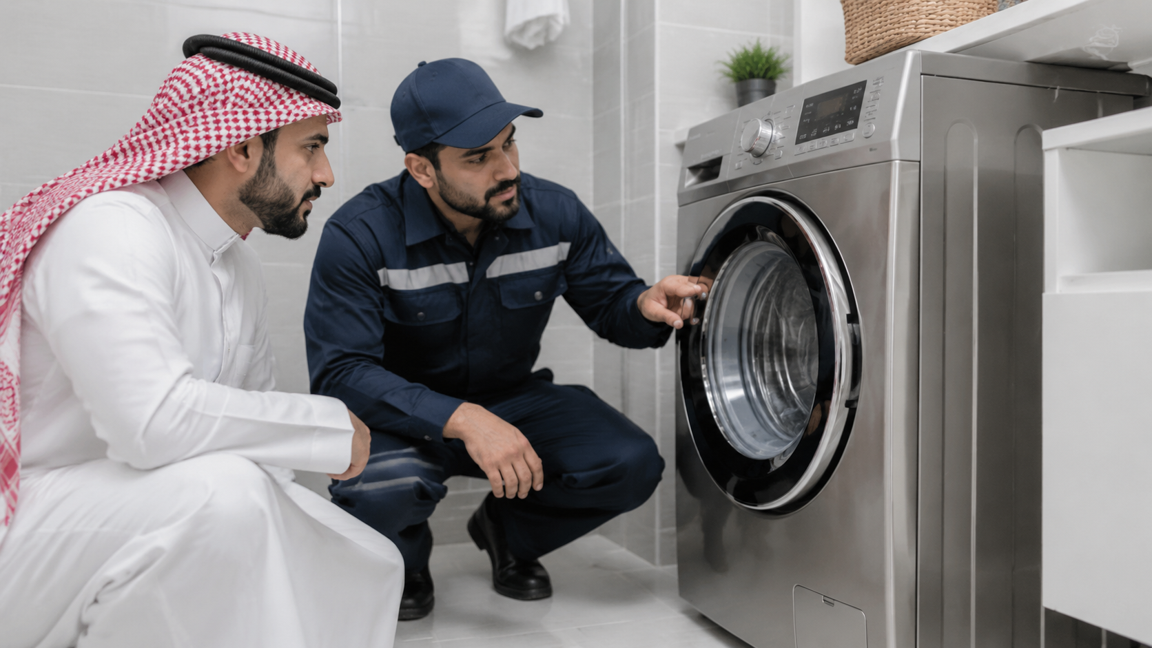 فني يقرأ رمز عطل على شاشة غسالة أوتوماتيك